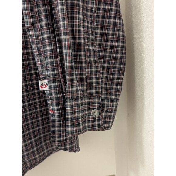 Y2K Anchor Blue Mens Plaid Button-Up Long Sleeve Shirt L Red/Black/Gray - Picture 5 of 6